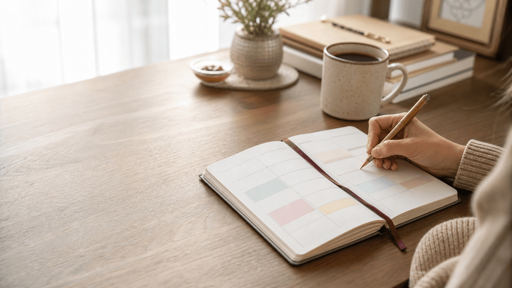 A person writes in an open calendar planner beside a mug and stacked notebooks.
