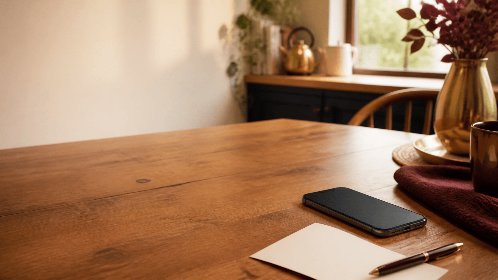 Phone face-up with a dark screen beside a blank card on a softly lit table.