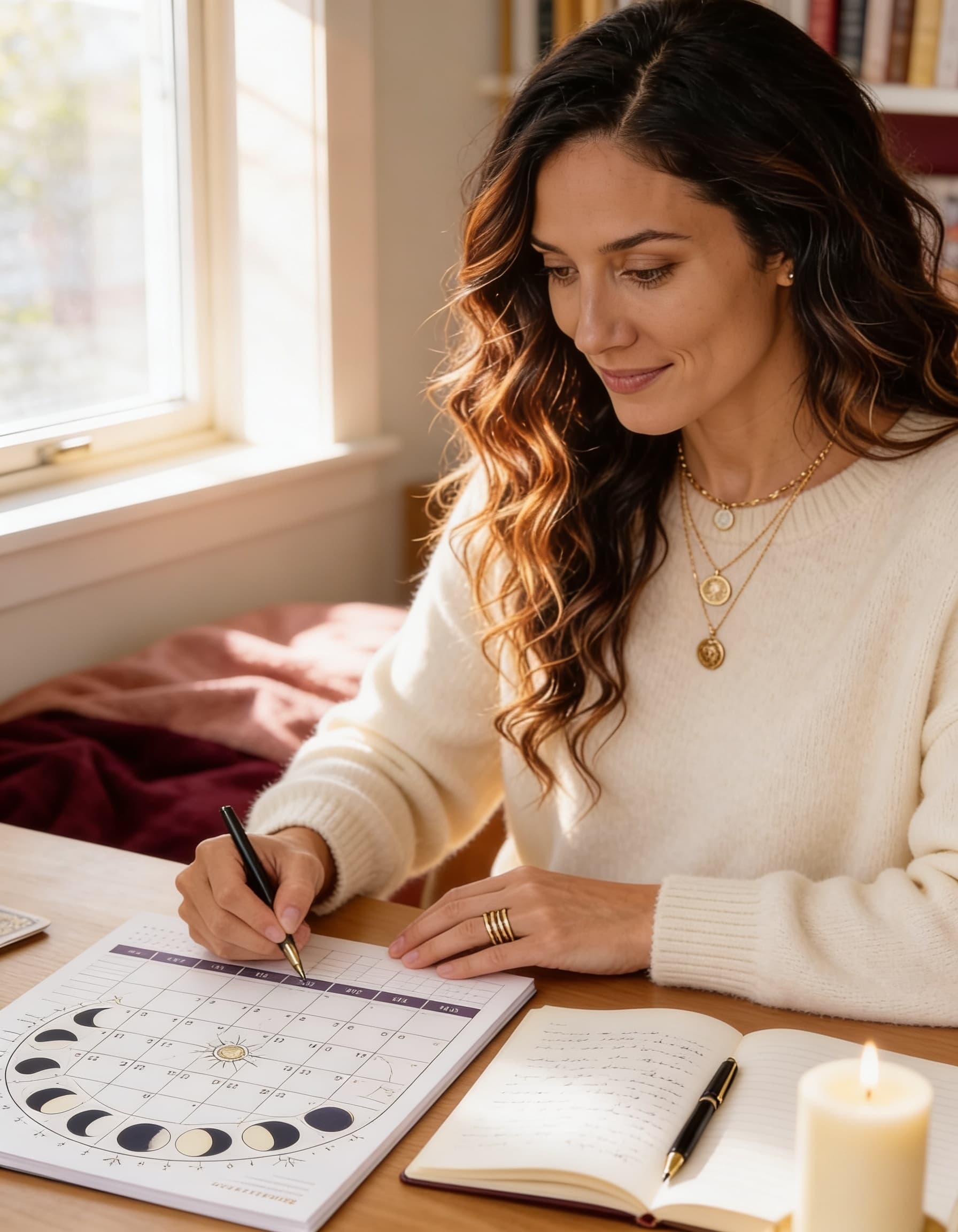Ren at her desk with a lunar phase planner — practical strategist, not witch
