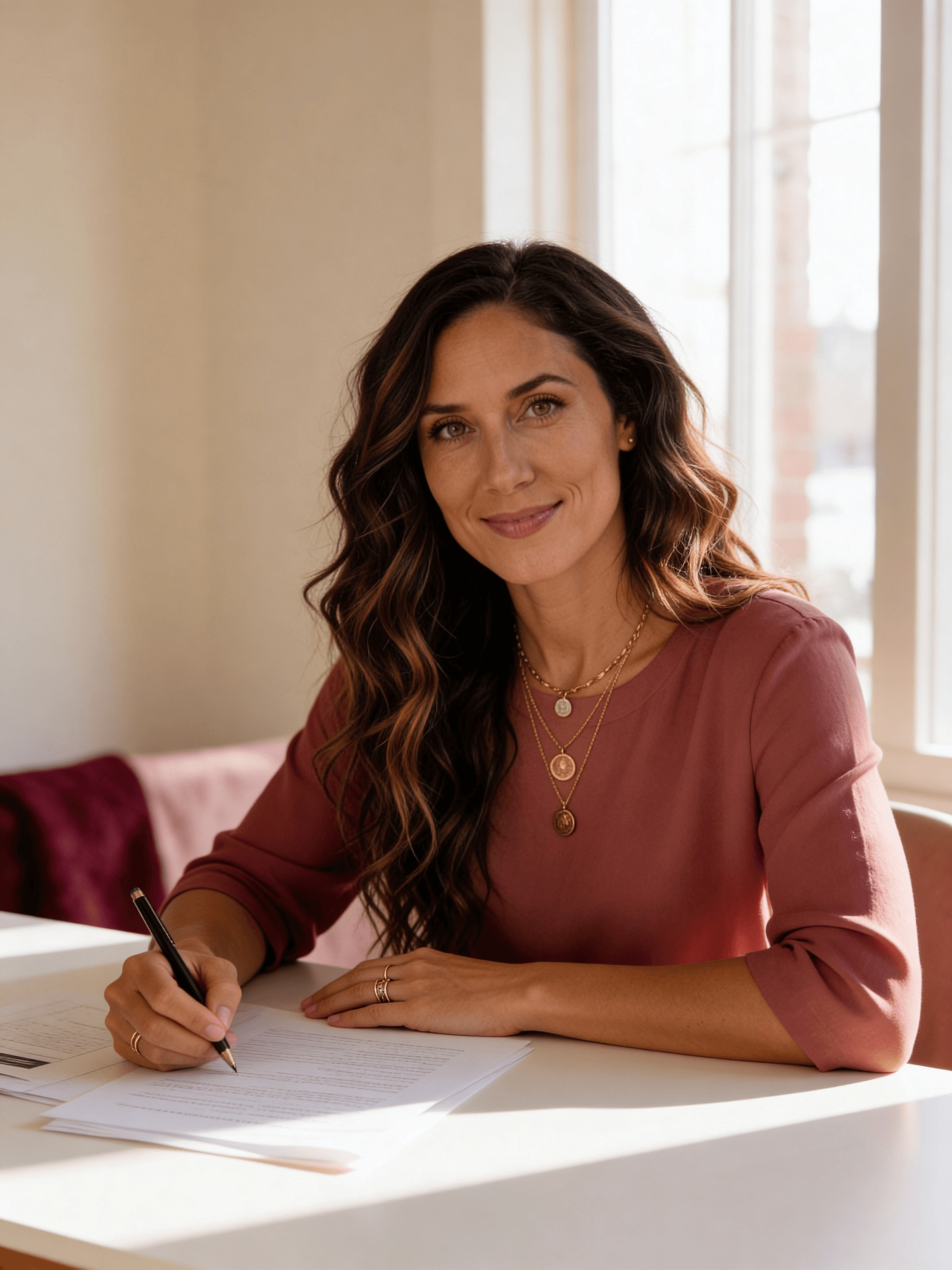 Ren seated at a clean desk with papers in front of her, pen in hand, looking directly at the reader with calm, clear-eyed certainty