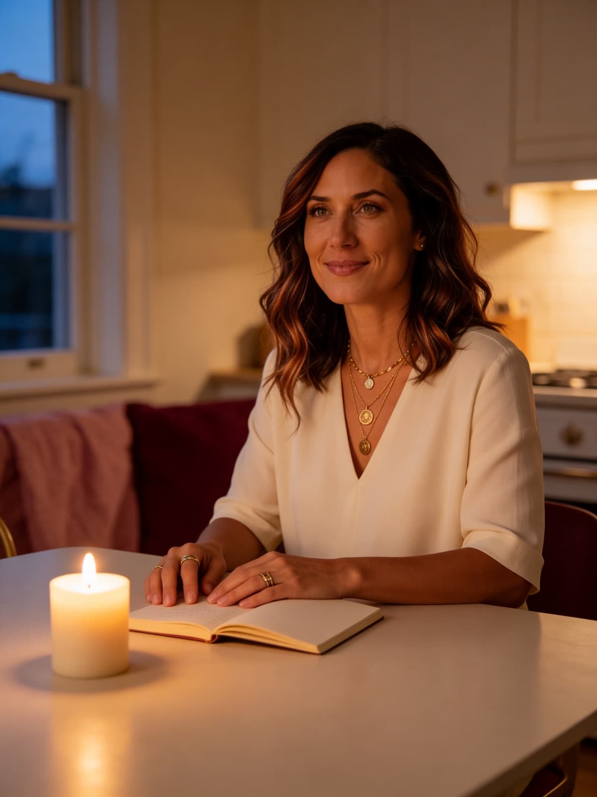 Ren seated at a simple table in early evening, one candle lit, a small notebook open in front of her — the ritual already in progress, not performed