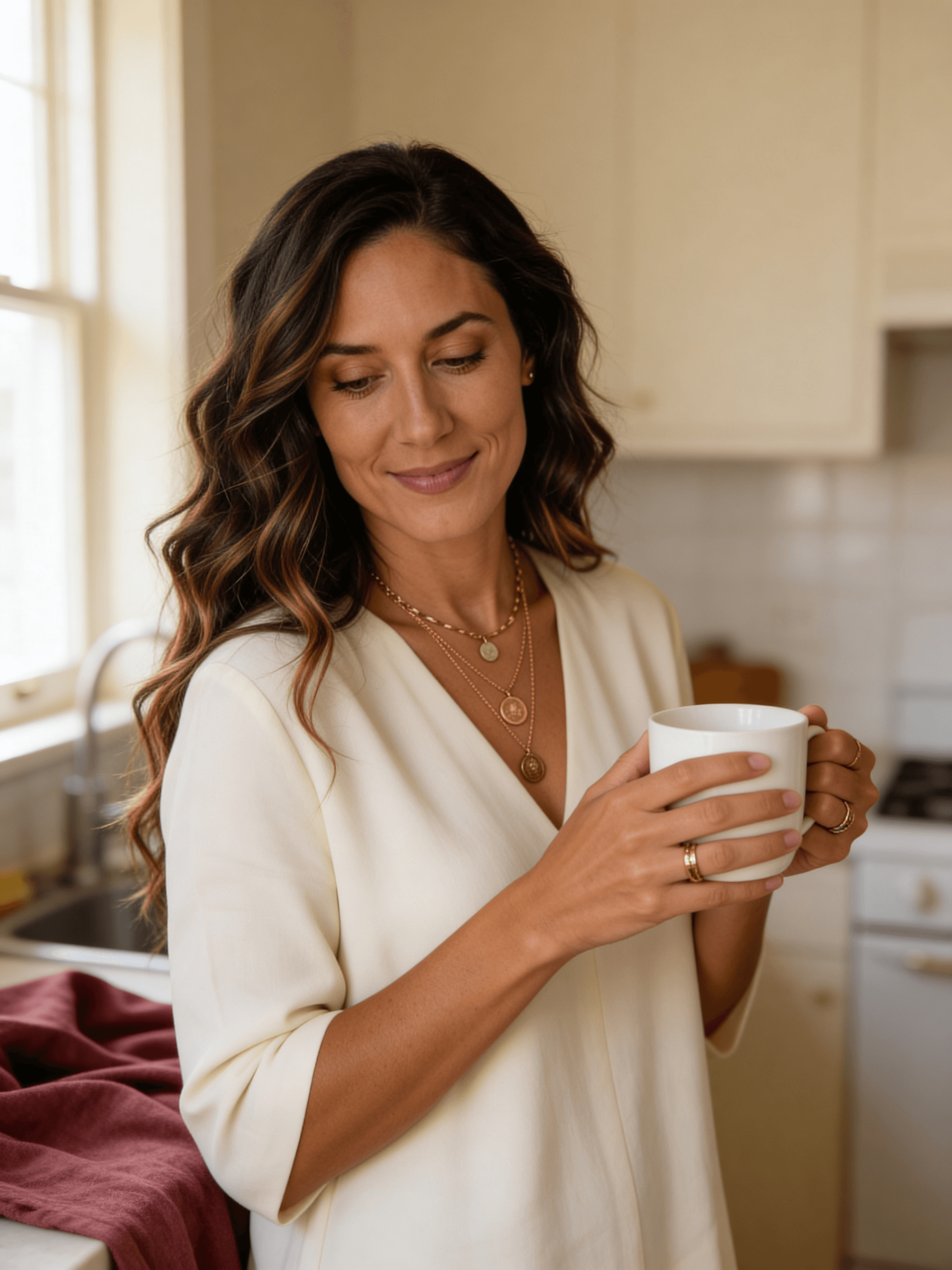 Ren standing in a quiet kitchen with a mug in both hands, eyes half-closed in the particular stillness of early morning