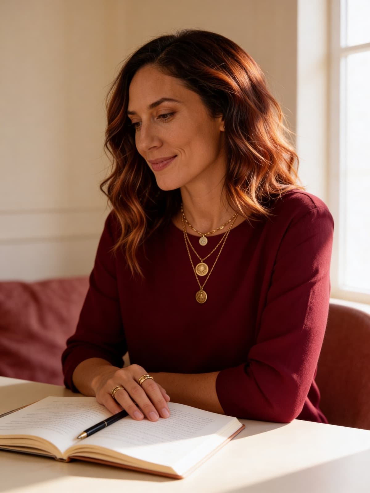 Ren seated at a desk with an open journal, pen resting mid-page, gaze directed sideways — paused in recognition of something she did not want to find