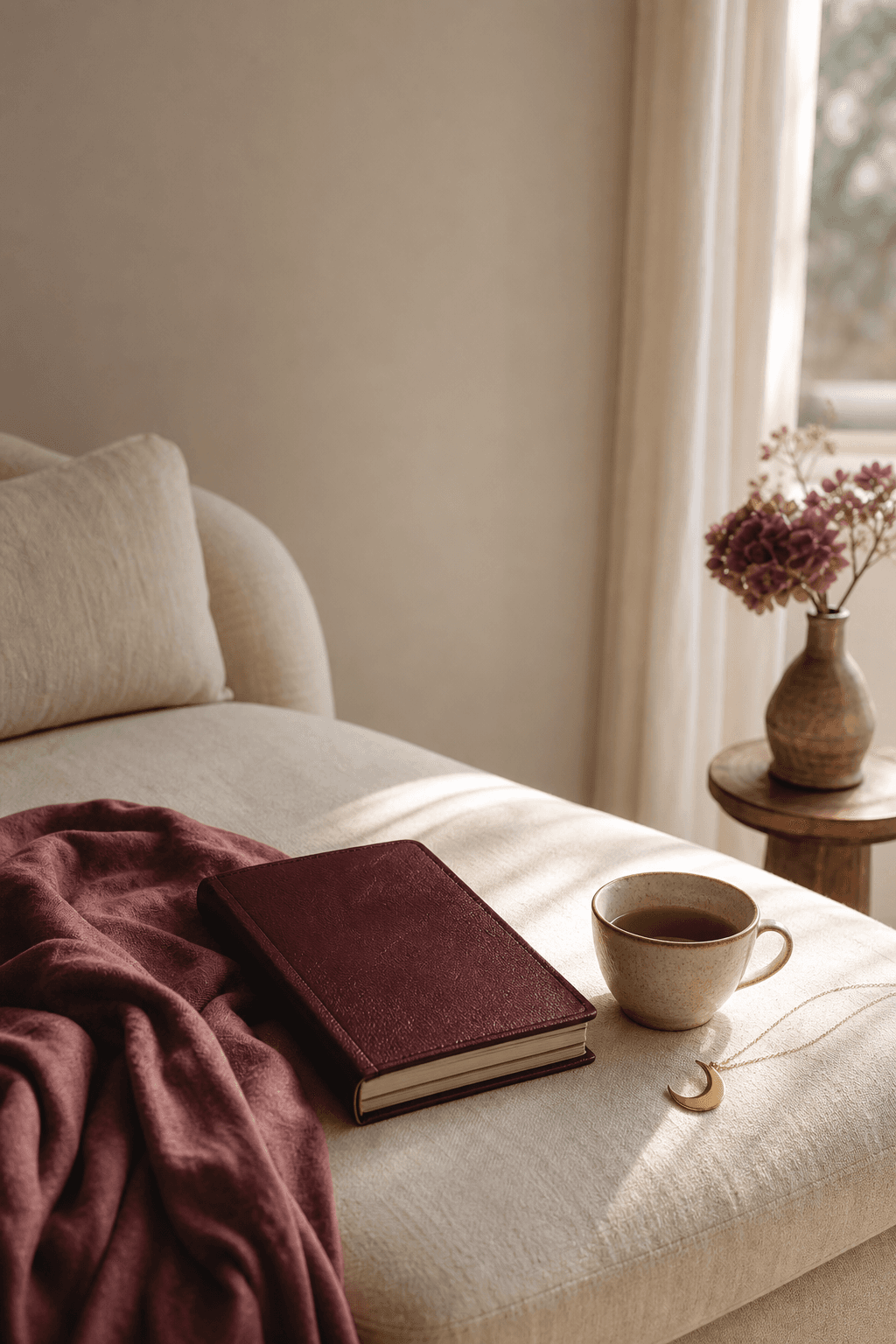A quiet cream chaise beside a window with flowers and a closed planner