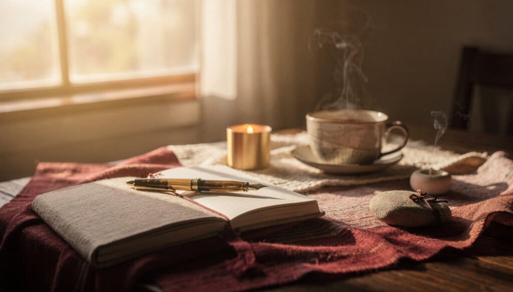 Peaceful morning ritual with journal and tea by a window, symbolizing alignment, calm, and intentional living