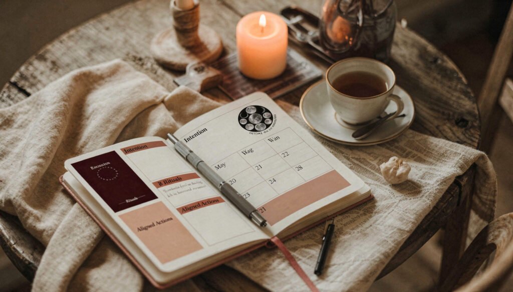 Open planner showing moon phase planning and intentional task mapping, representing soul meets strategy in modern mystic living