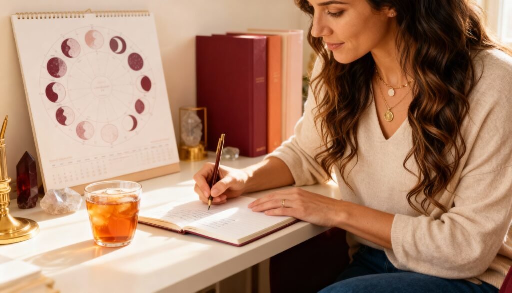 Busy woman at a desk using a simple ritual with a journal and crystal, showing practical spirituality that fits real life