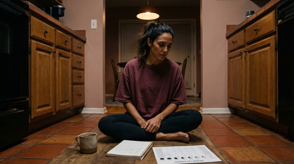 Woman sitting on a kitchen floor at night with a journal and moon calendar, representing burnout and a personal spiritual breaking point